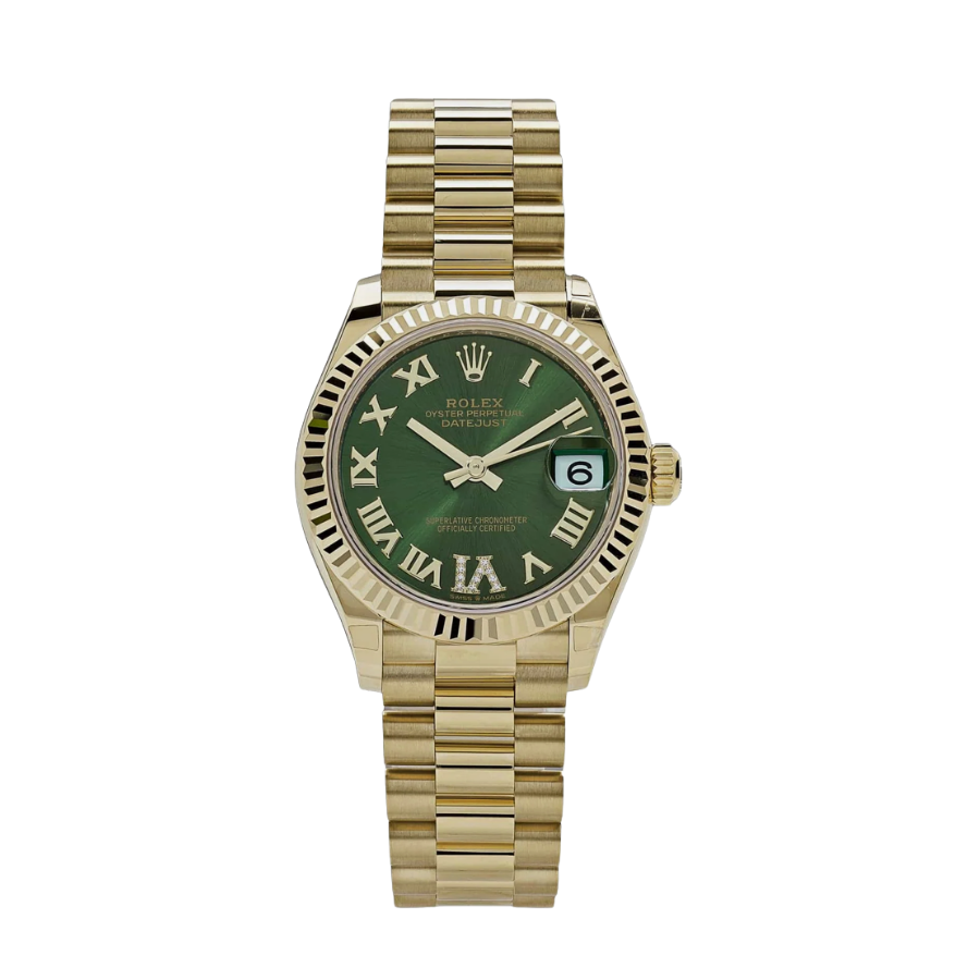Date just ladies yellow gold diamond green dial 31mm
