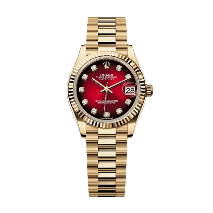Date just ladies yellow gold red ombre diamond dial 31mm