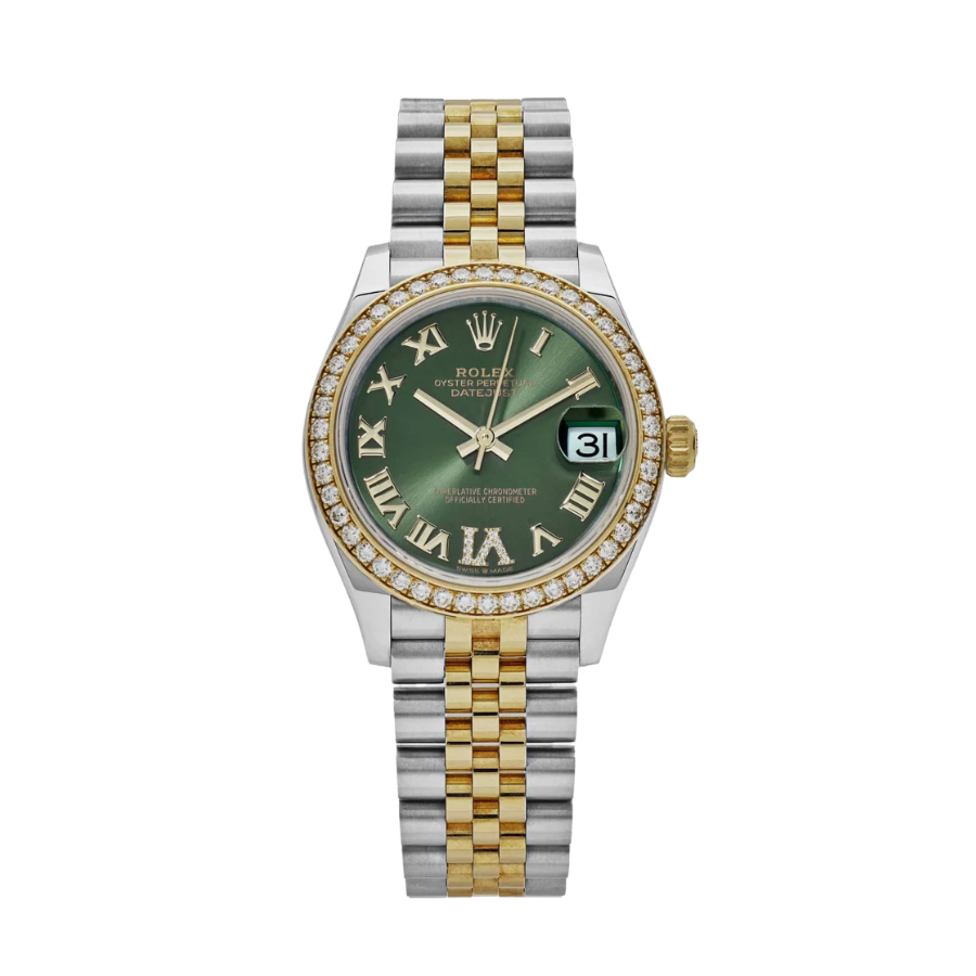 Date just ladies yellow gold green roman dial 31mm