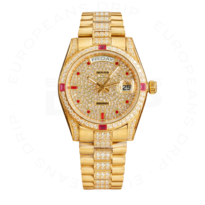 Day-date yellow gold roman dial ruby bezel 40mm
